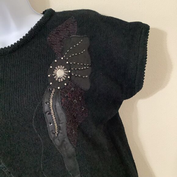 Vintage 90s Christina Embellished Rhinestone Knit Patchwork Pullover Sweater OS - Picture 3 of 10